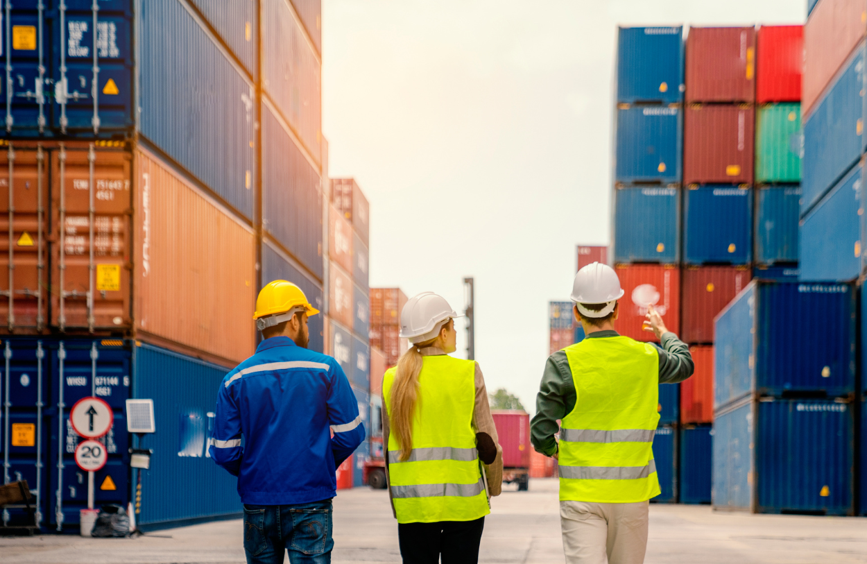 logistics dock workers surrounded by cargo containers