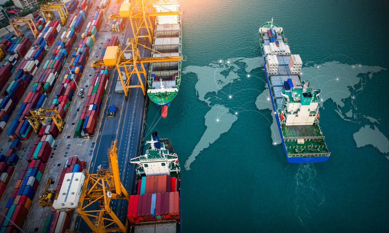 freight port with cargo containers and ships docked